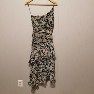 Petal & Pup One-Shoulder Floral Ruffle Midi Dress - Green with Pink & Yellow